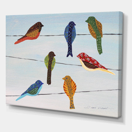 Lovely Colorful Birds On Wires 1 - Cottage Premium Canvas Wall Art