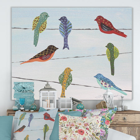 Lovely Colorful Birds On Wires 2 - Cottage Canvas Wall Art