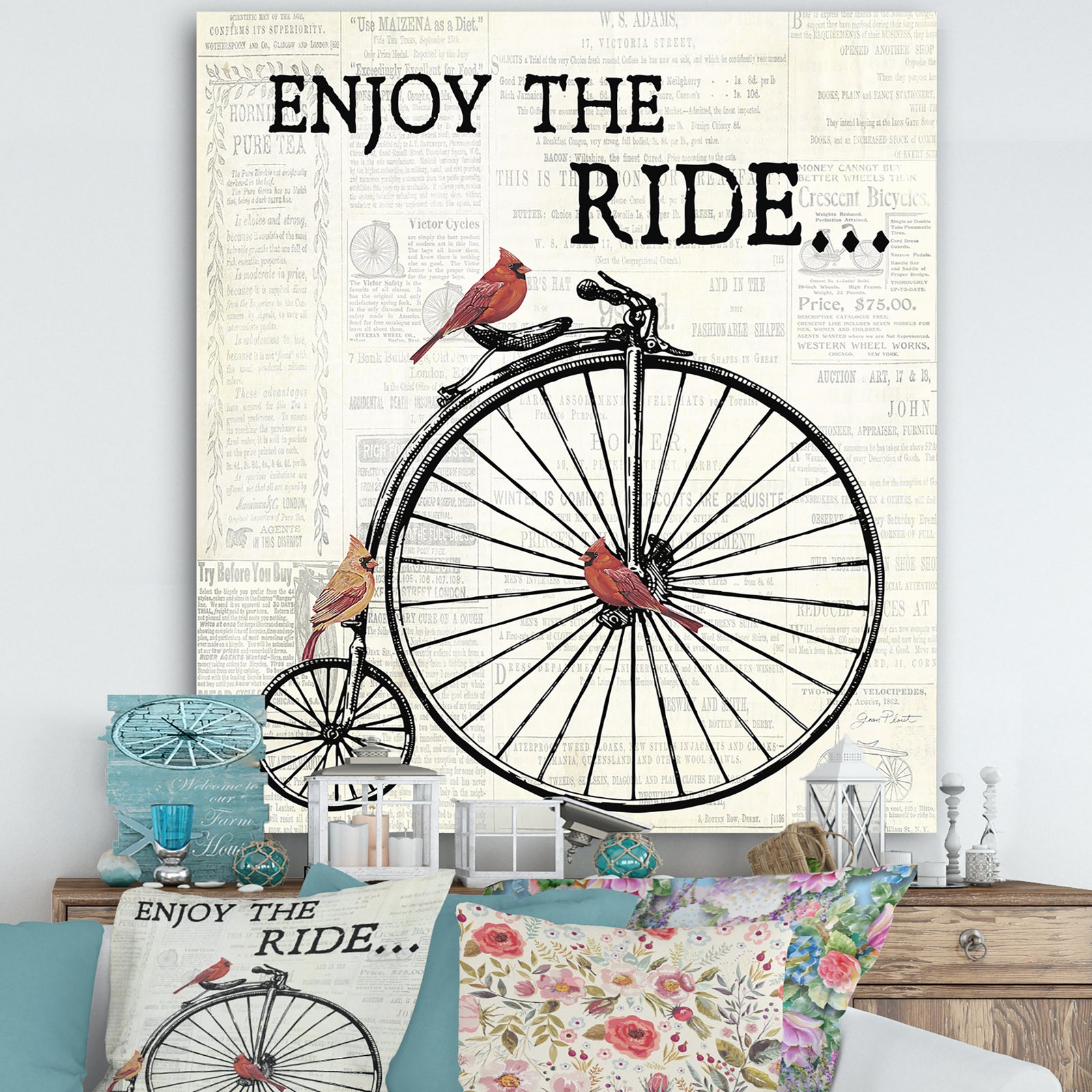 Bicycle With Cardinals A - Cottage Gallery-wrapped Canvas