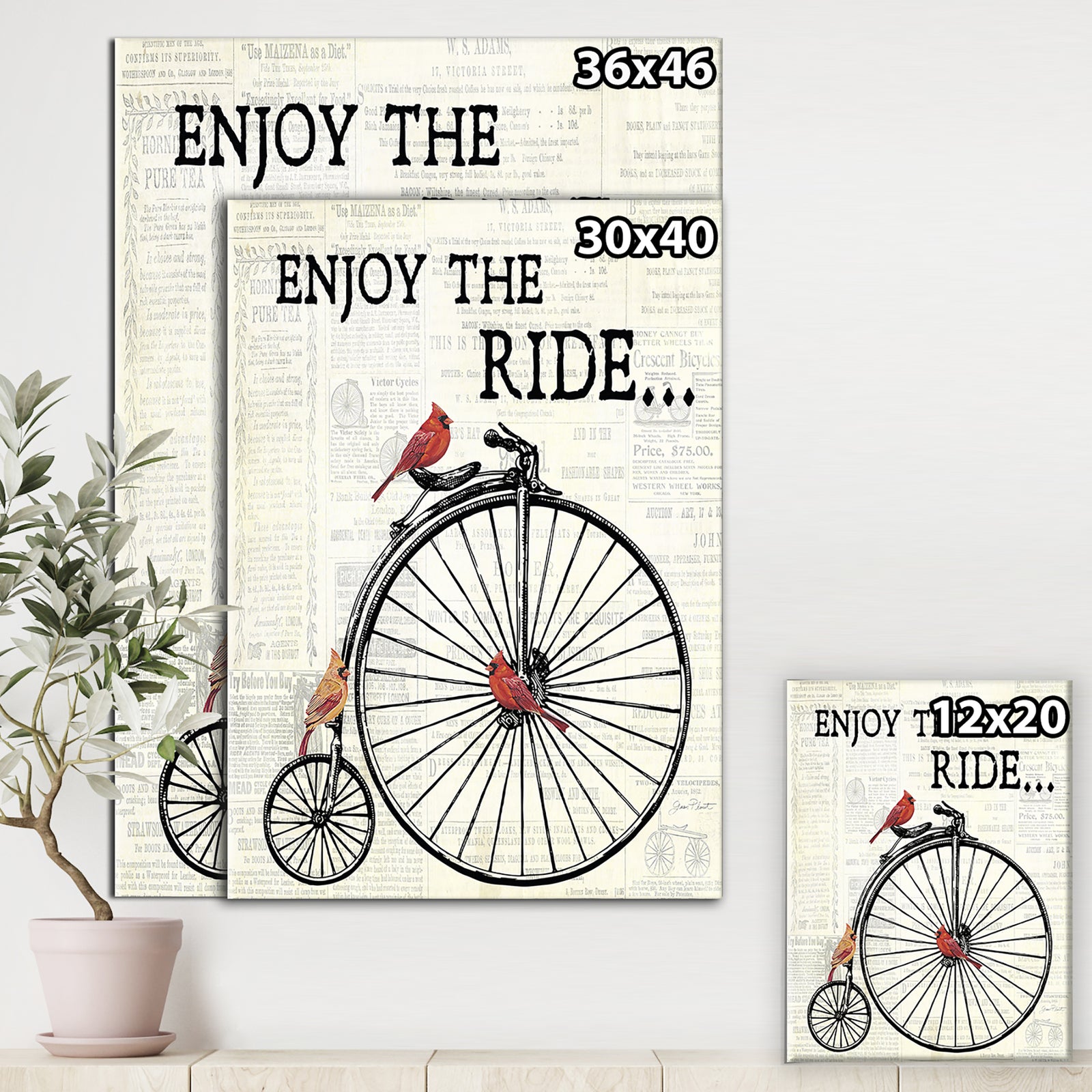 Bicycle With Cardinals A - Cottage Gallery-wrapped Canvas