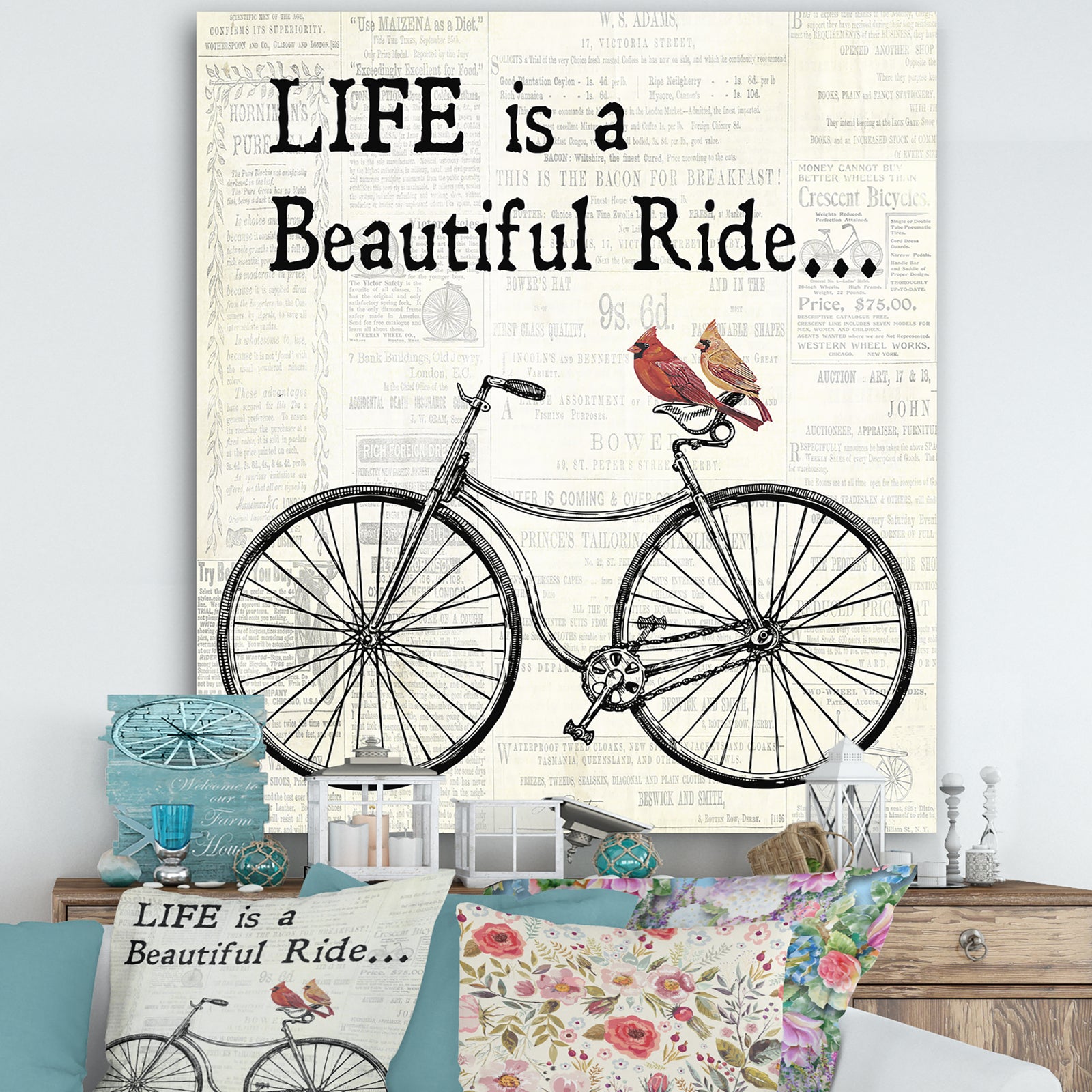 Bicycle With Cardinals B - Cottage Canvas Artwork