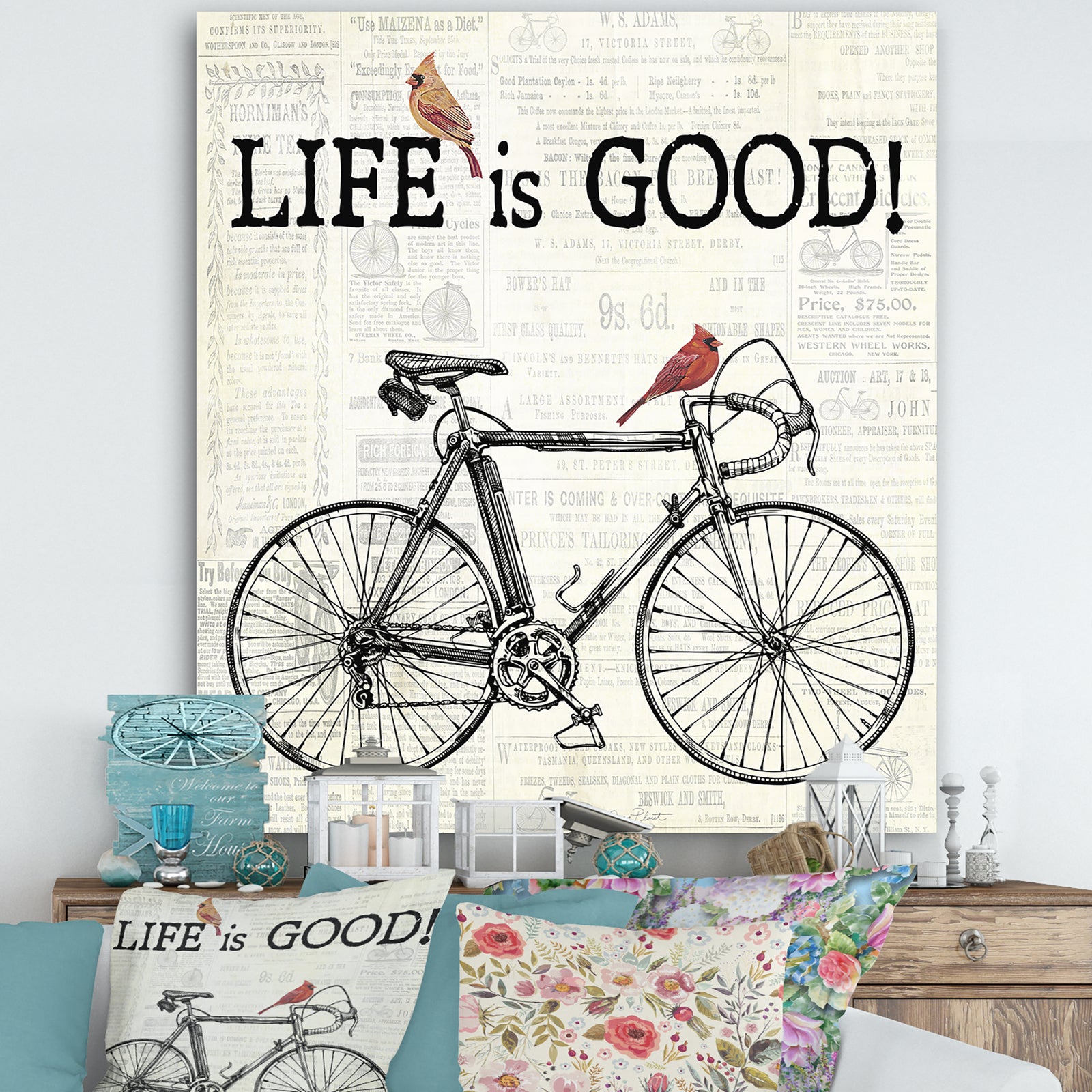 Bicycle With Cardinals C - Cottage Premium Canvas Wall Art