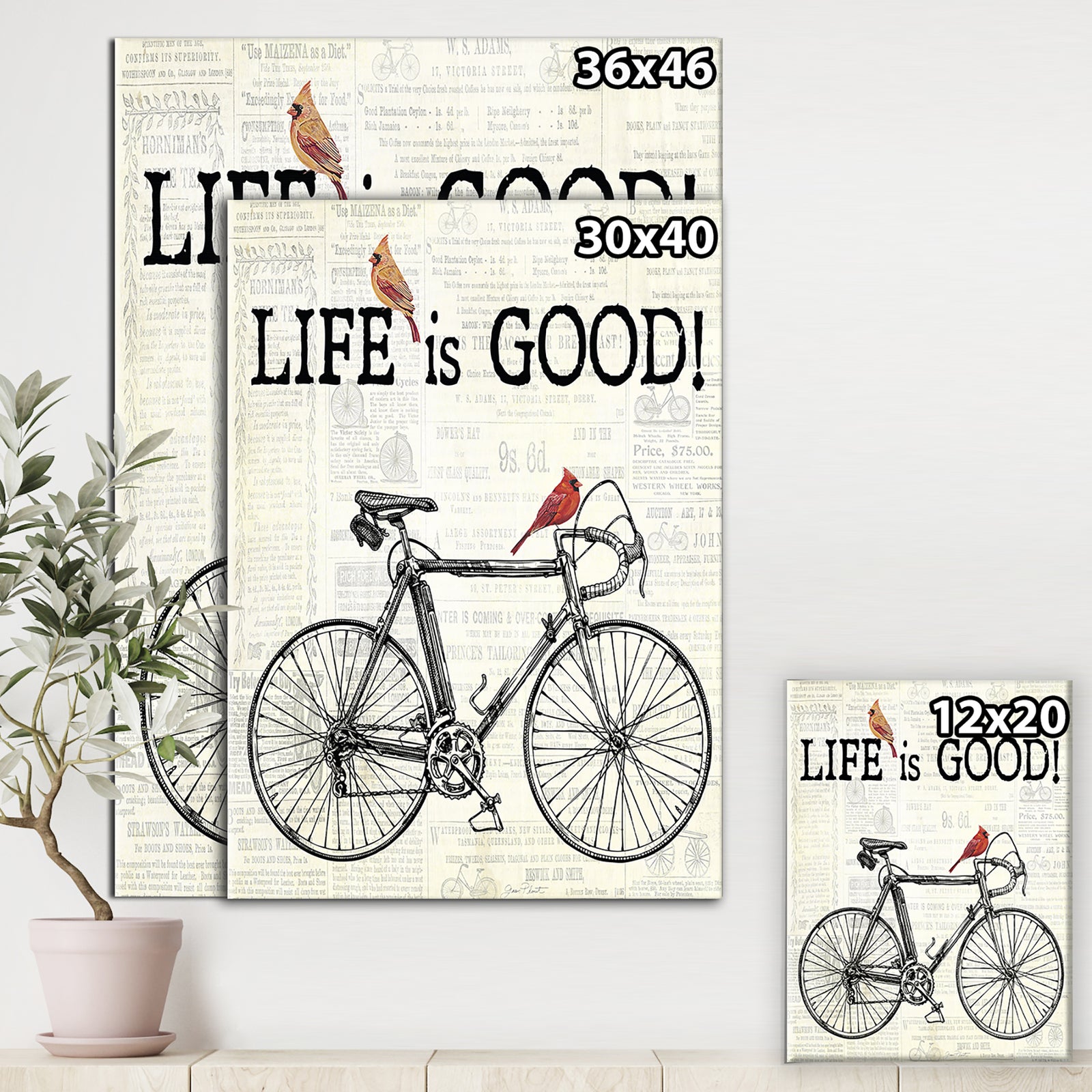 Bicycle With Cardinals C - Cottage Premium Canvas Wall Art