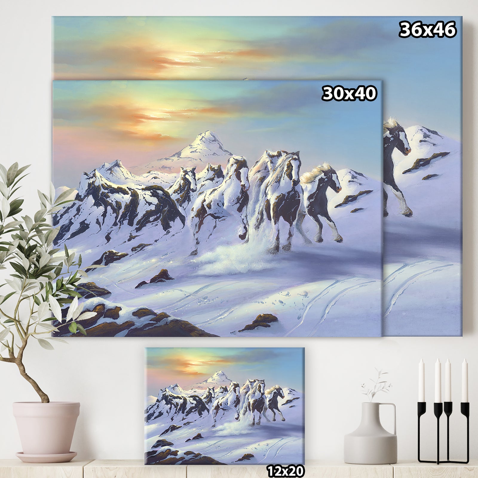 Horses In The Snow - Cottage Canvas Art Print
