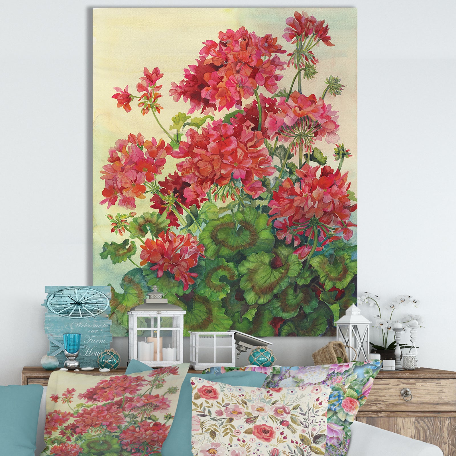 Blossoming Red Geraniums - Traditional Canvas Artwork
