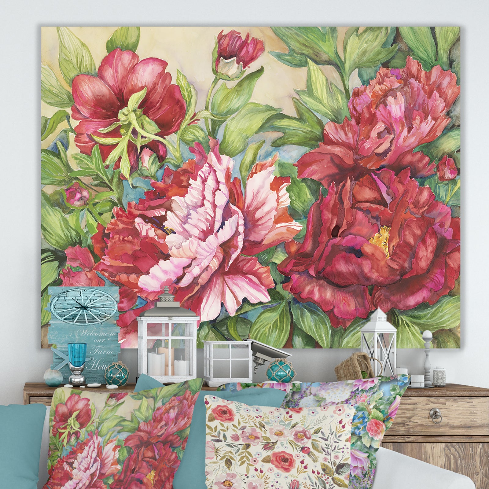 Peonies In Shades of Red - Traditional Canvas Wall Art