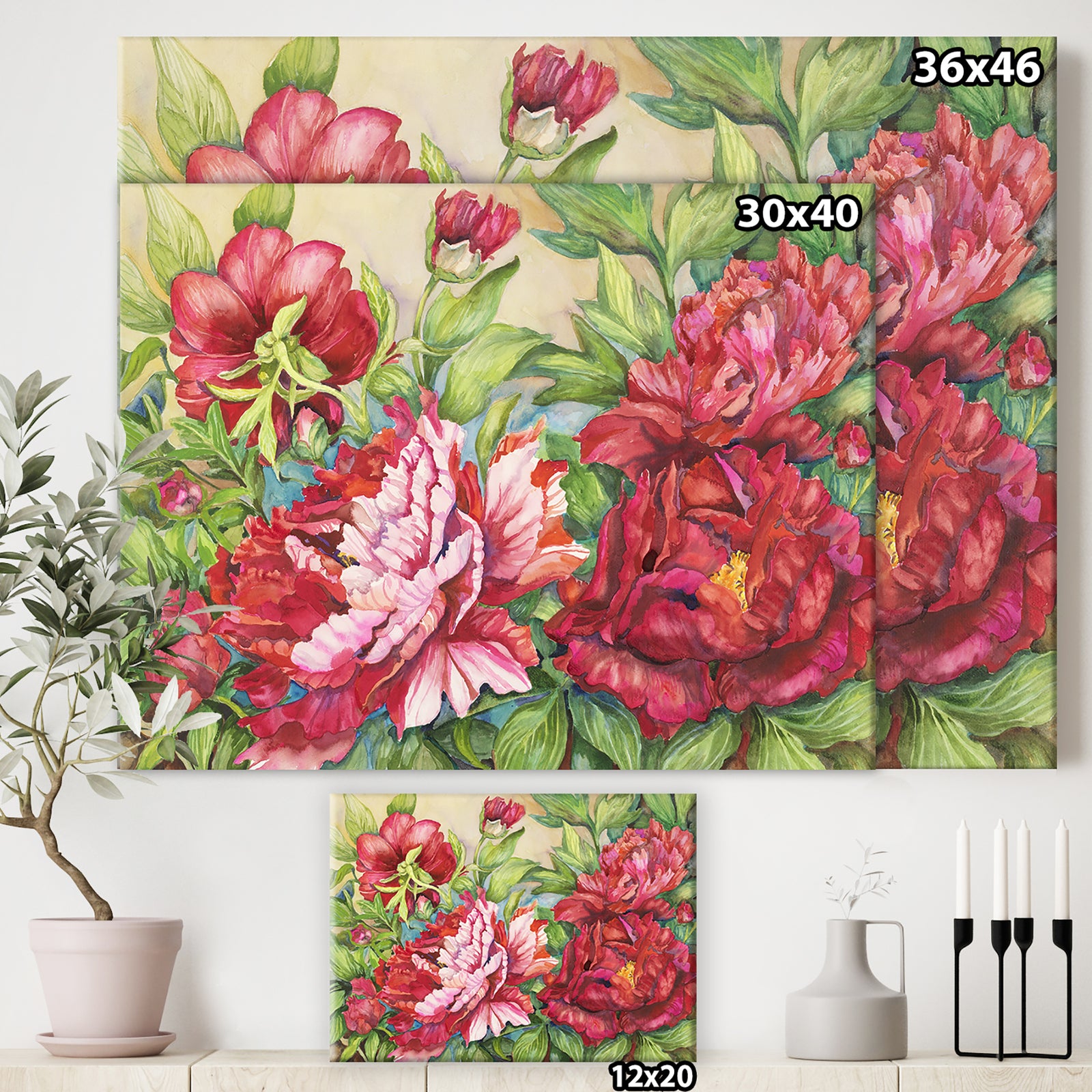 Peonies In Shades of Red - Traditional Canvas Wall Art