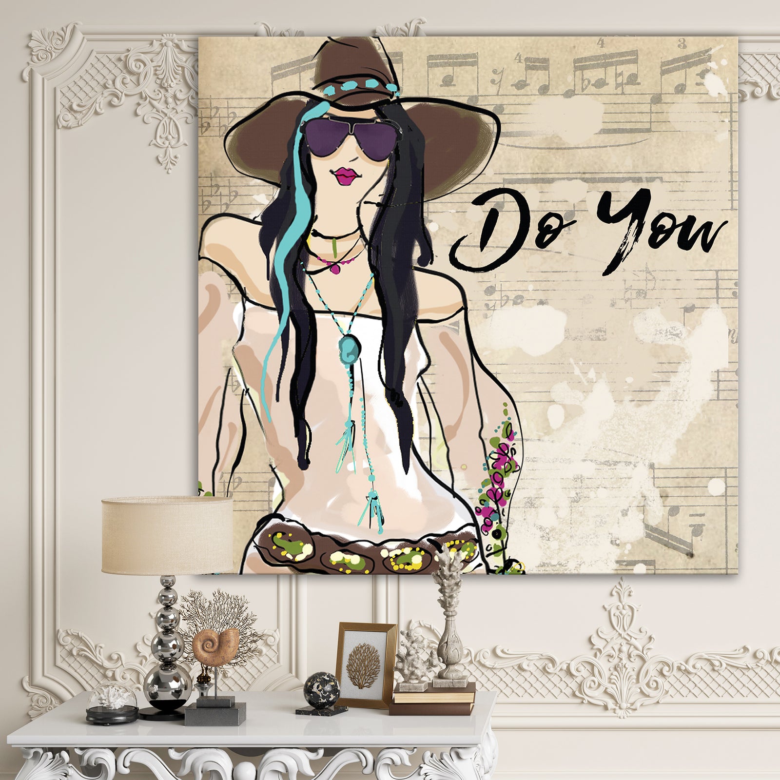 Hippy Girl On Old Style Music Score - Fashion Canvas Artwork