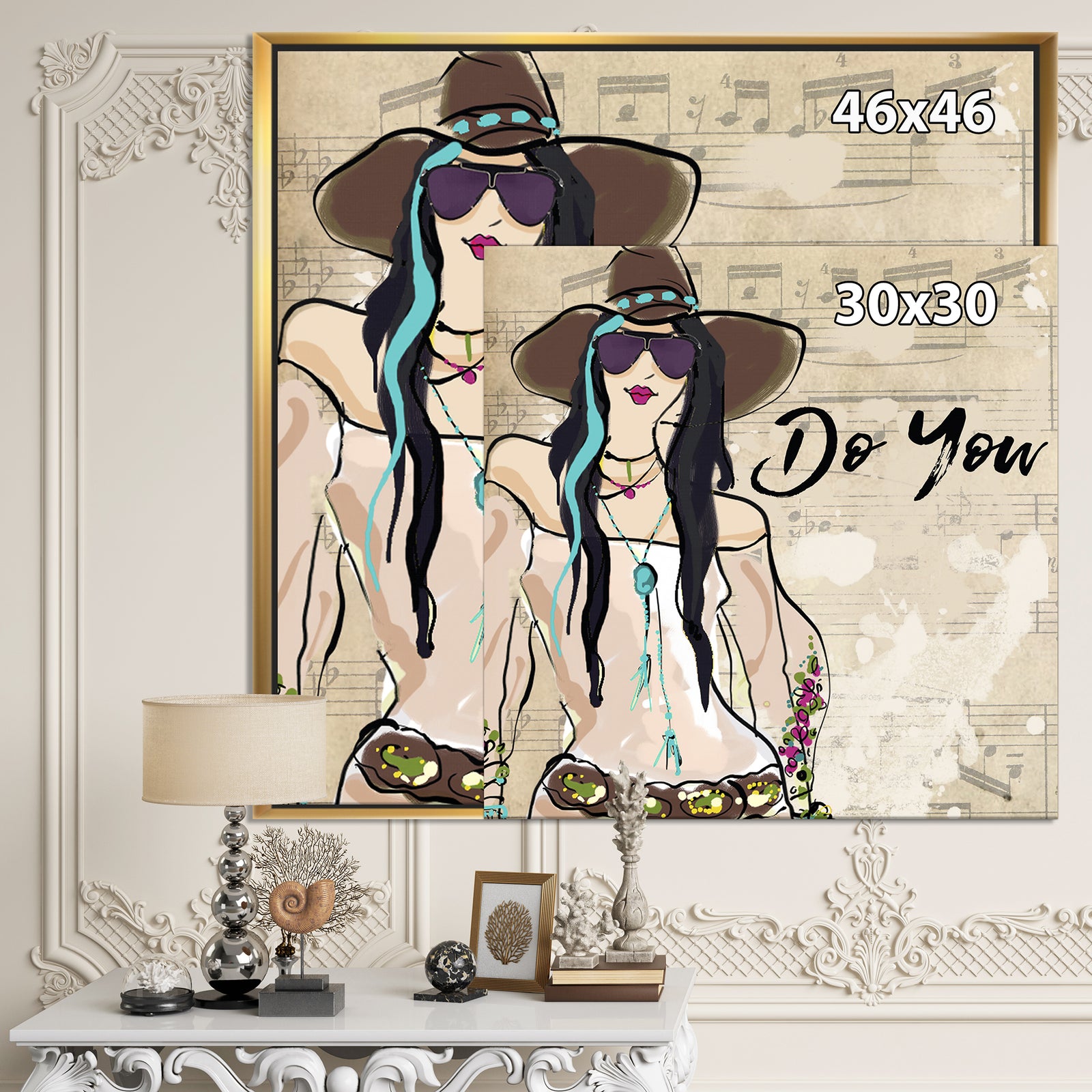 Hippy Girl On Old Style Music Score - Fashion Canvas Artwork