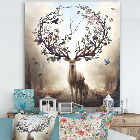 Deer With Blossoming Antlers - Cottage Canvas Wall Art