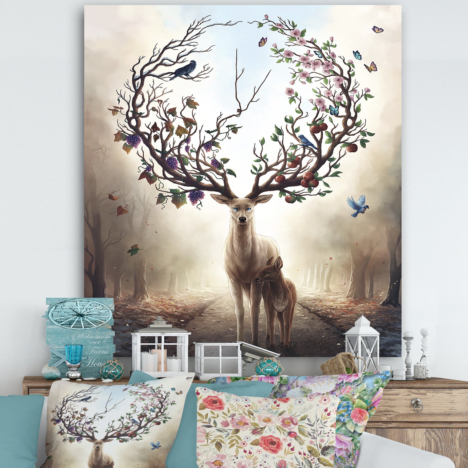 Deer With Blossoming Antlers - Cottage Canvas Wall Art