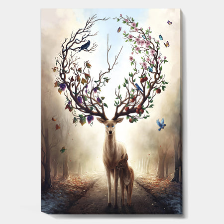 Deer With Blossoming Antlers - Cottage Canvas Wall Art