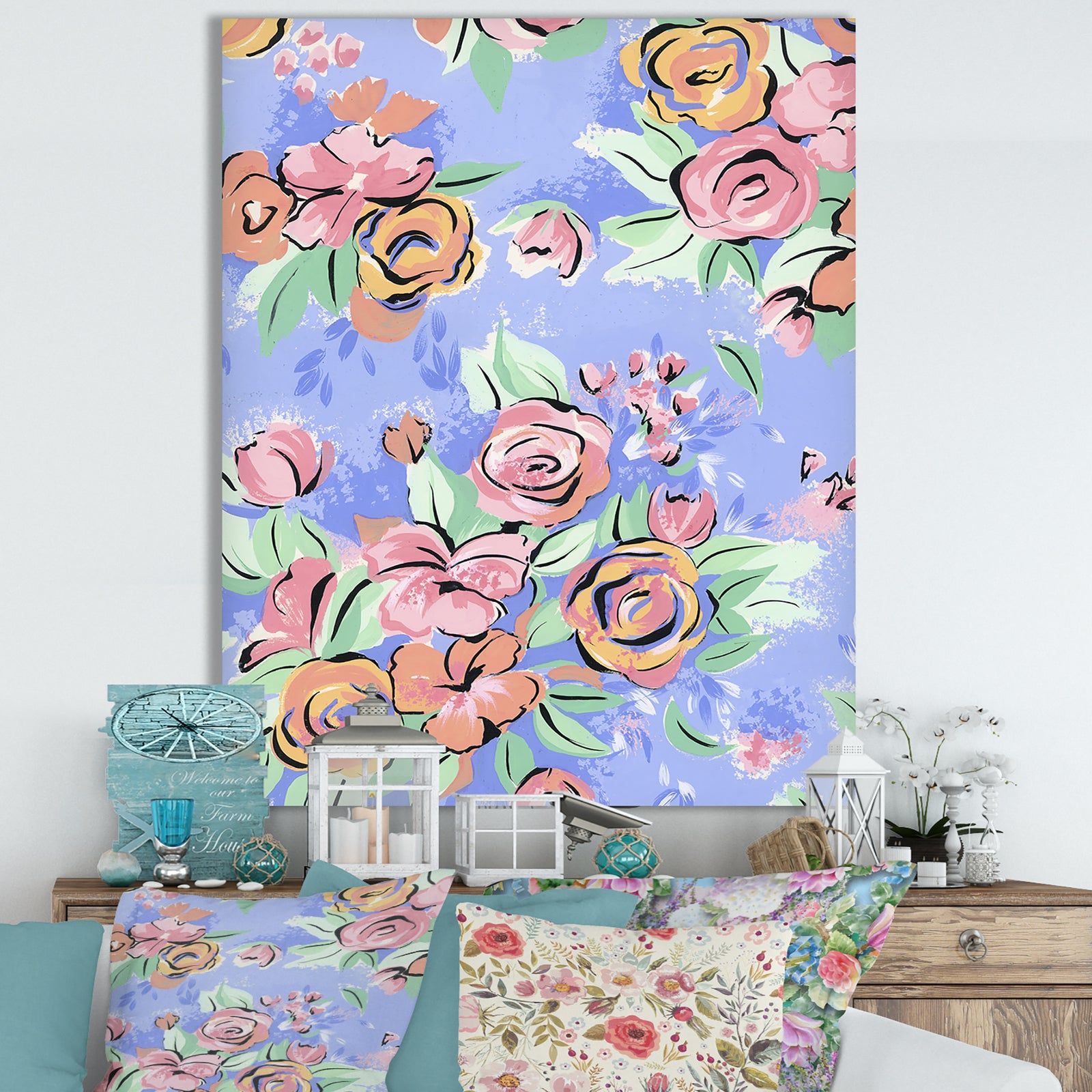 Pastel Pink Roses on Blue - Traditional Premium Canvas Wall Art