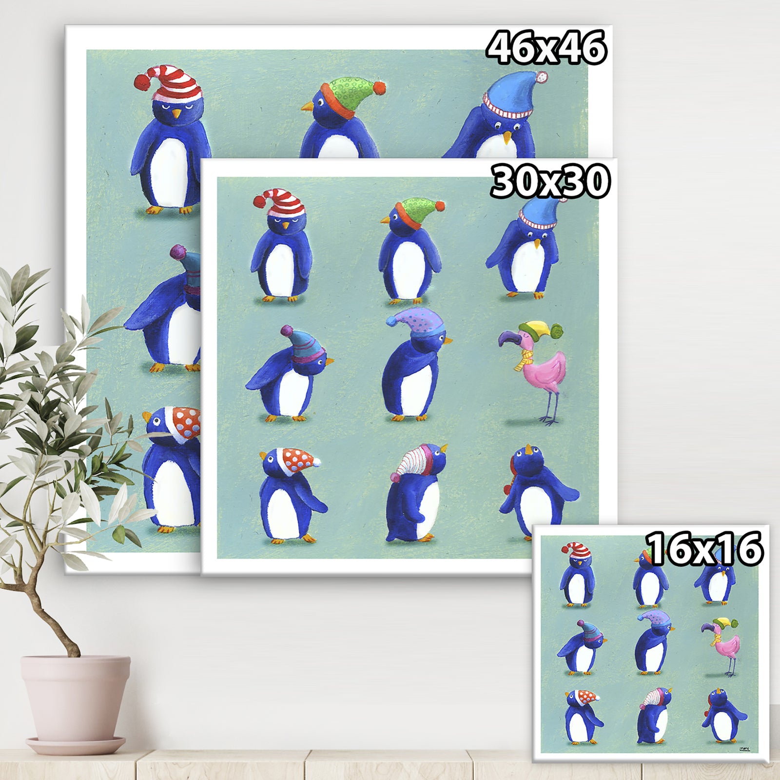 Eight Penguins And A Flamingo - Nautical & Coastal Canvas Artwork