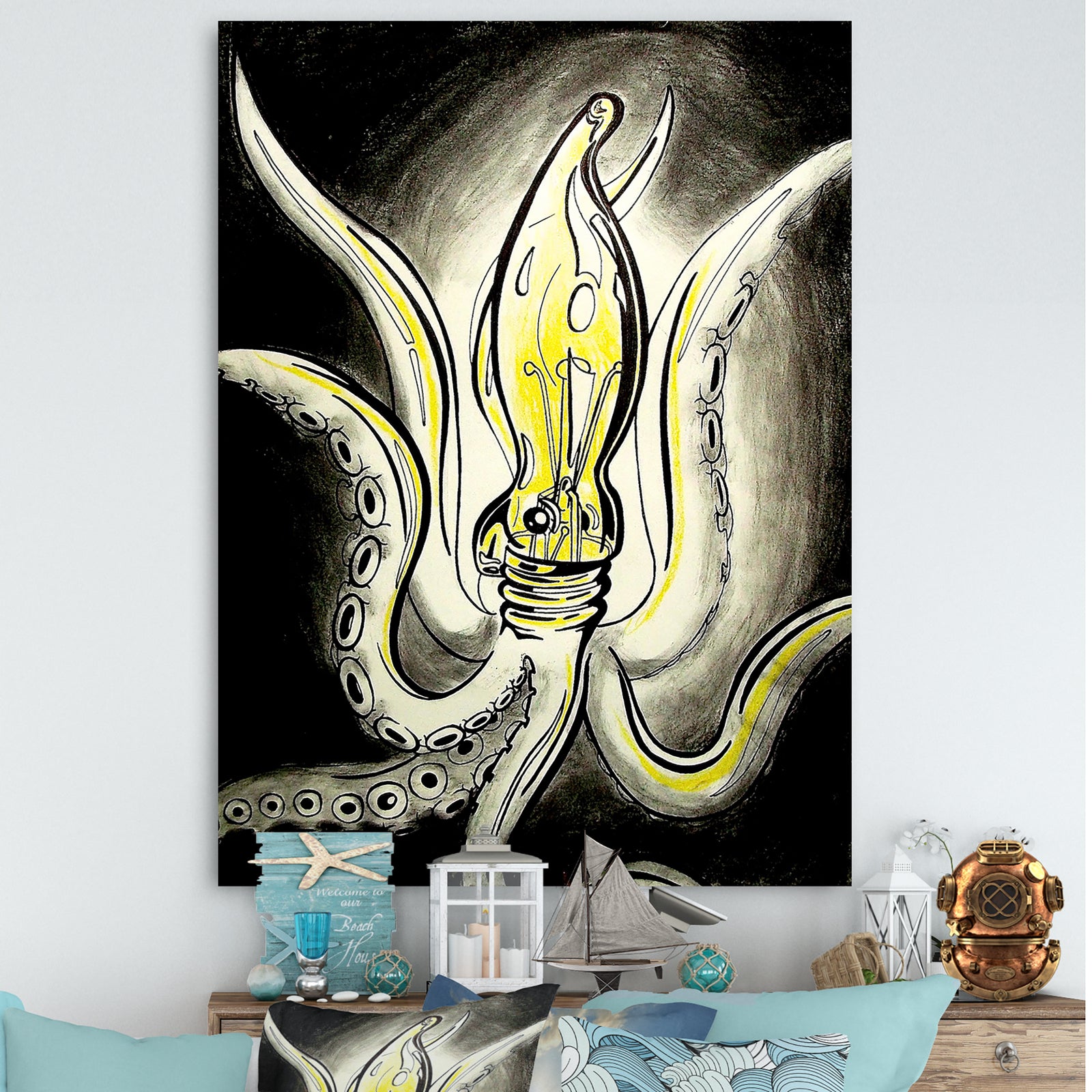 Light Bulb Squid - Nautical & Coastal Canvas Artwork