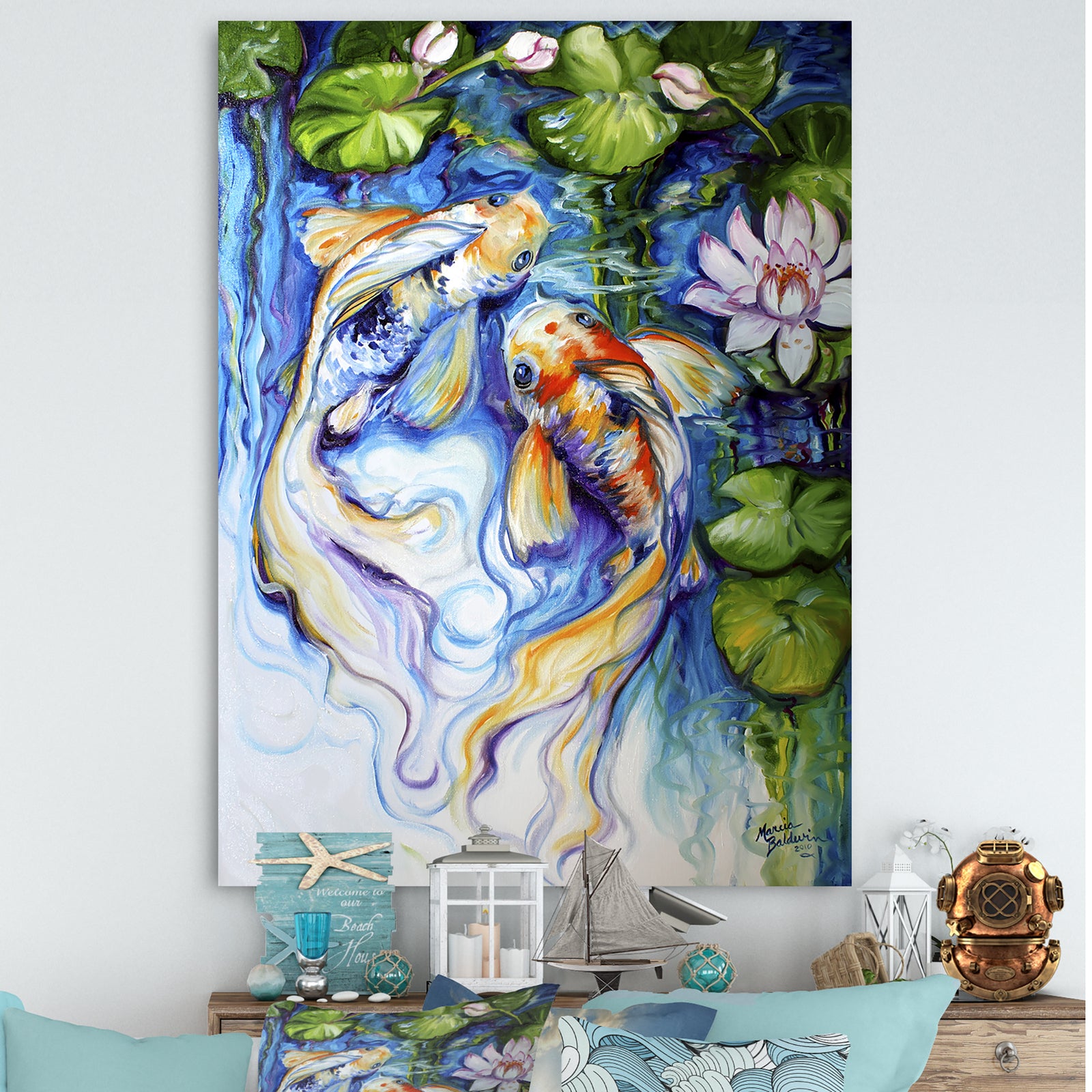 Koi Koi And Lily - Nautical & Coastal Premium Canvas Wall Art