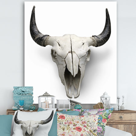 White Cow Skull With Black Horns - Farmhouse Canvas Wall Art