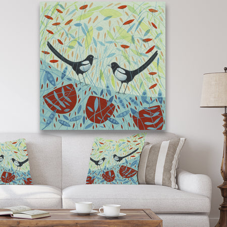 Two Magpies In The Meadows - Cottage Canvas Art Print