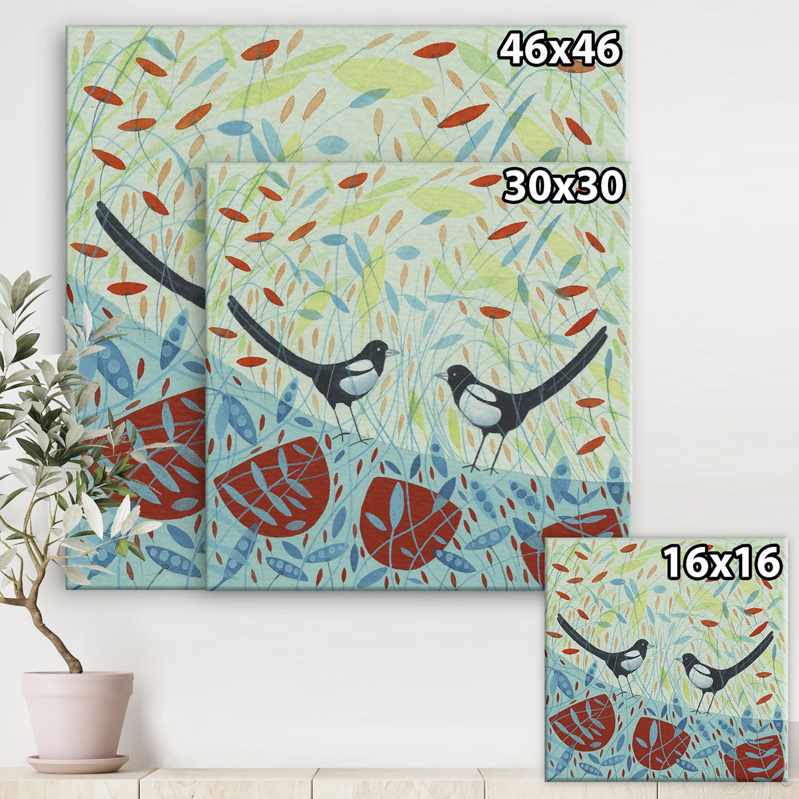 Two Magpies In The Meadows - Cottage Canvas Art Print