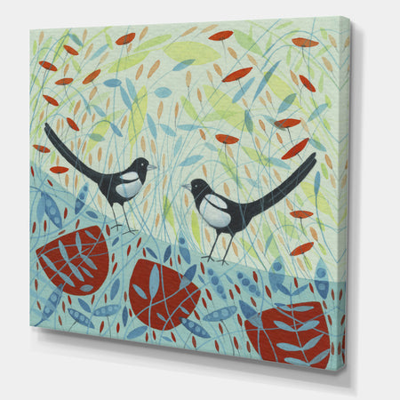 Two Magpies In The Meadows - Cottage Canvas Art Print