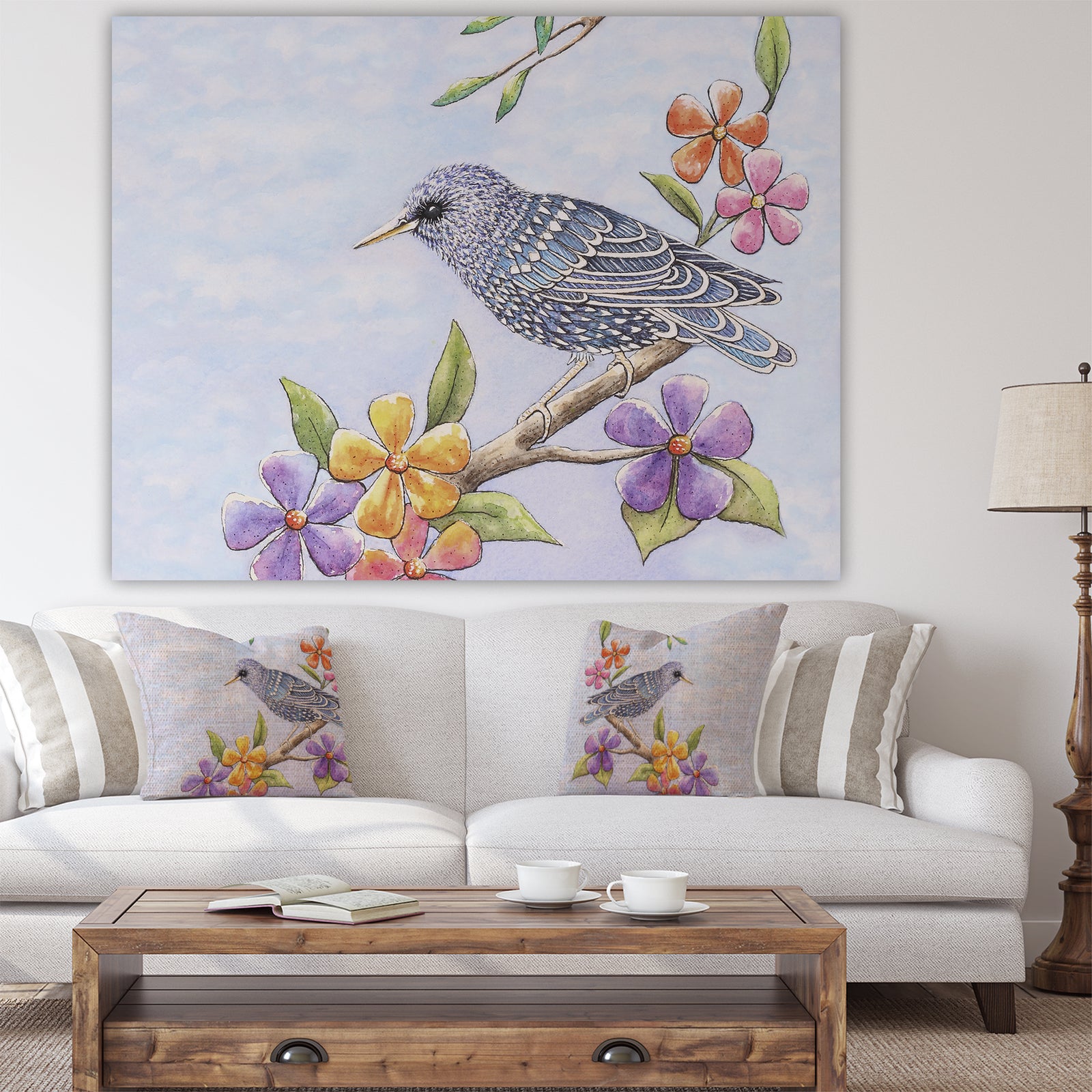 Starling Bird with Flowers - Cottage Canvas Art Print