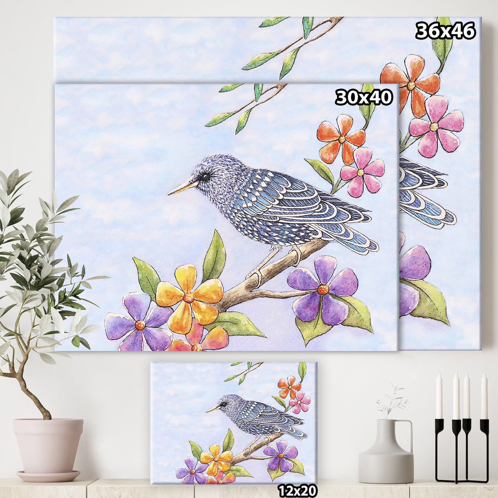 Starling Bird with Flowers - Cottage Canvas Art Print