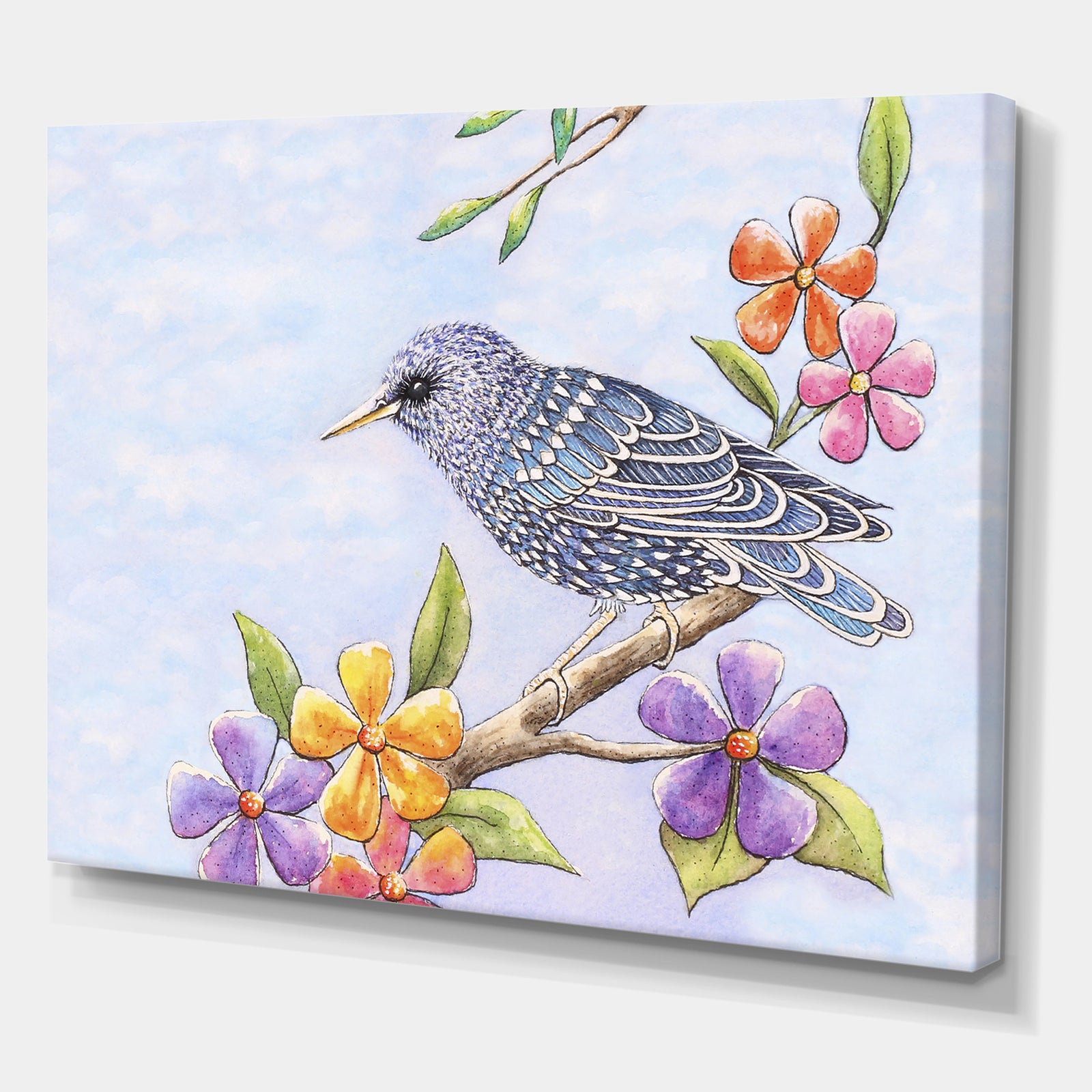 Starling Bird with Flowers - Cottage Canvas Art Print