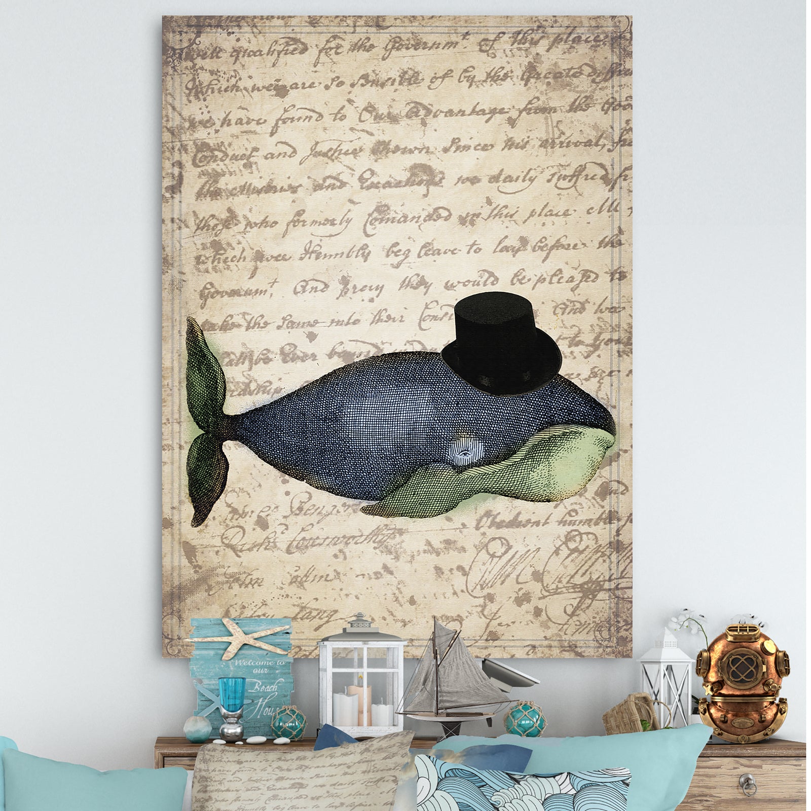 Old Style Whale With Hat - Nautical & Coastal Canvas Artwork