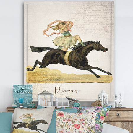 Dream Young Lady On Black Stallion - Cottage Canvas Art Print