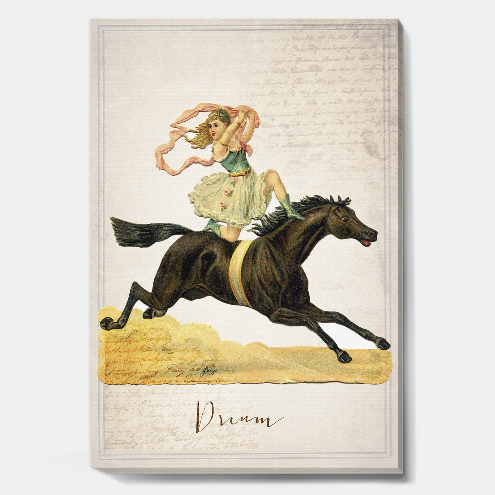 Dream Young Lady On Black Stallion - Cottage Canvas Art Print