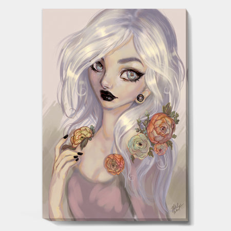 Fantasy Girl With White Hair And Orange Flowers - Cottage Canvas Wall Art