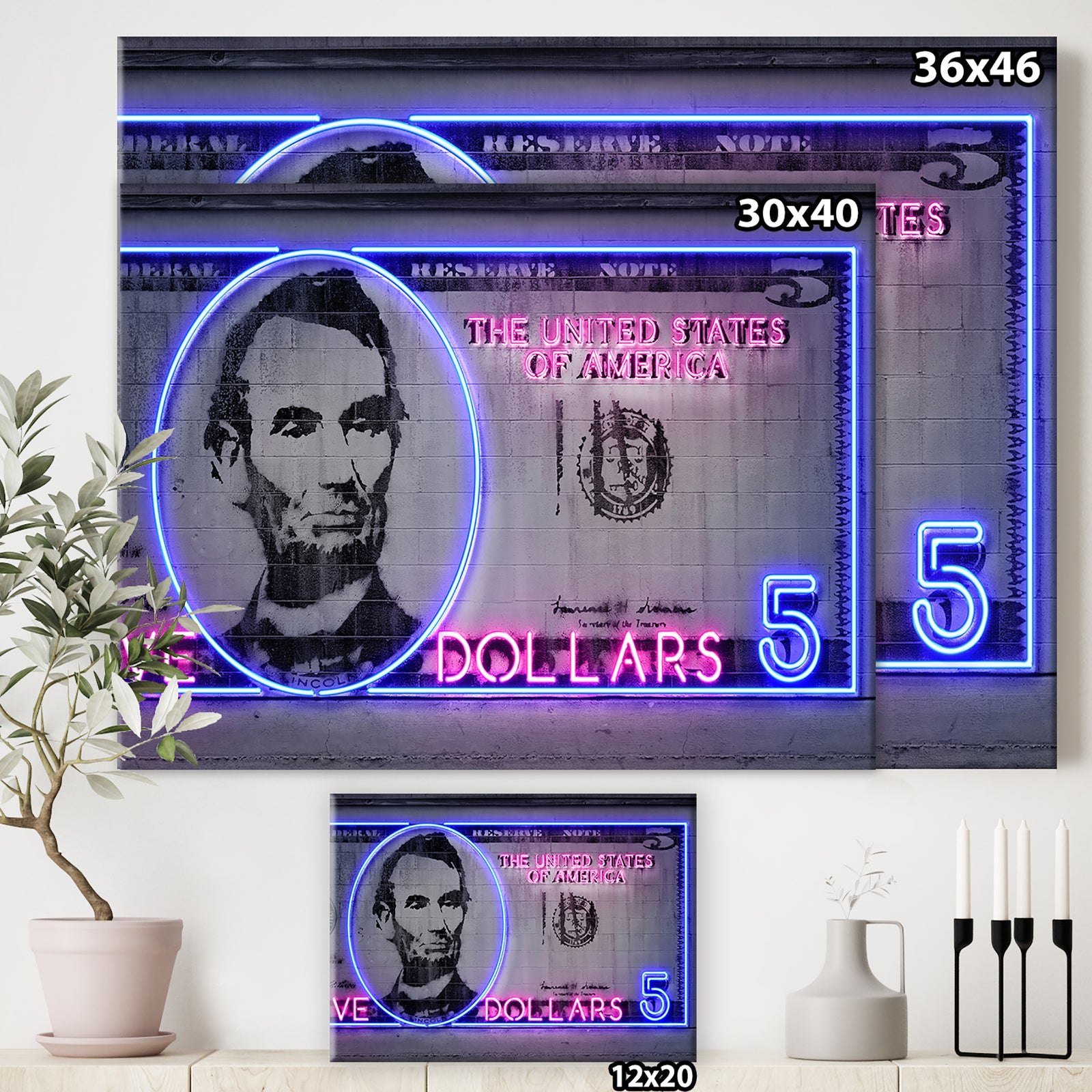 Neon Lincoln on Five Dollar Bill - Modern & Contemporary Canvas Art Print