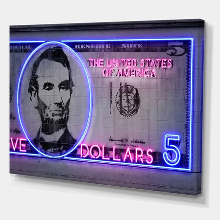 Neon Lincoln on Five Dollar Bill - Modern & Contemporary Canvas Art Print