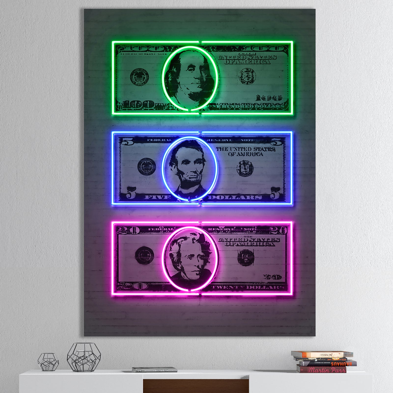 Founding Fathers Neon Dollar - Modern & Contemporary Canvas Wall Art