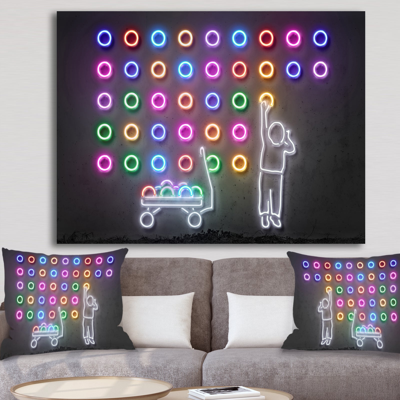 Boy Collecting Neon Circles - Modern & Contemporary Gallery-wrapped Canvas