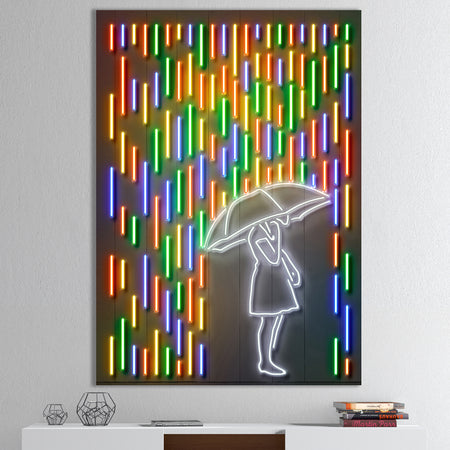 Girl In Neon Rainbow Raindrops - Modern & Contemporary Canvas Artwork