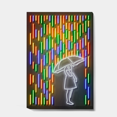 Girl In Neon Rainbow Raindrops - Modern & Contemporary Canvas Artwork
