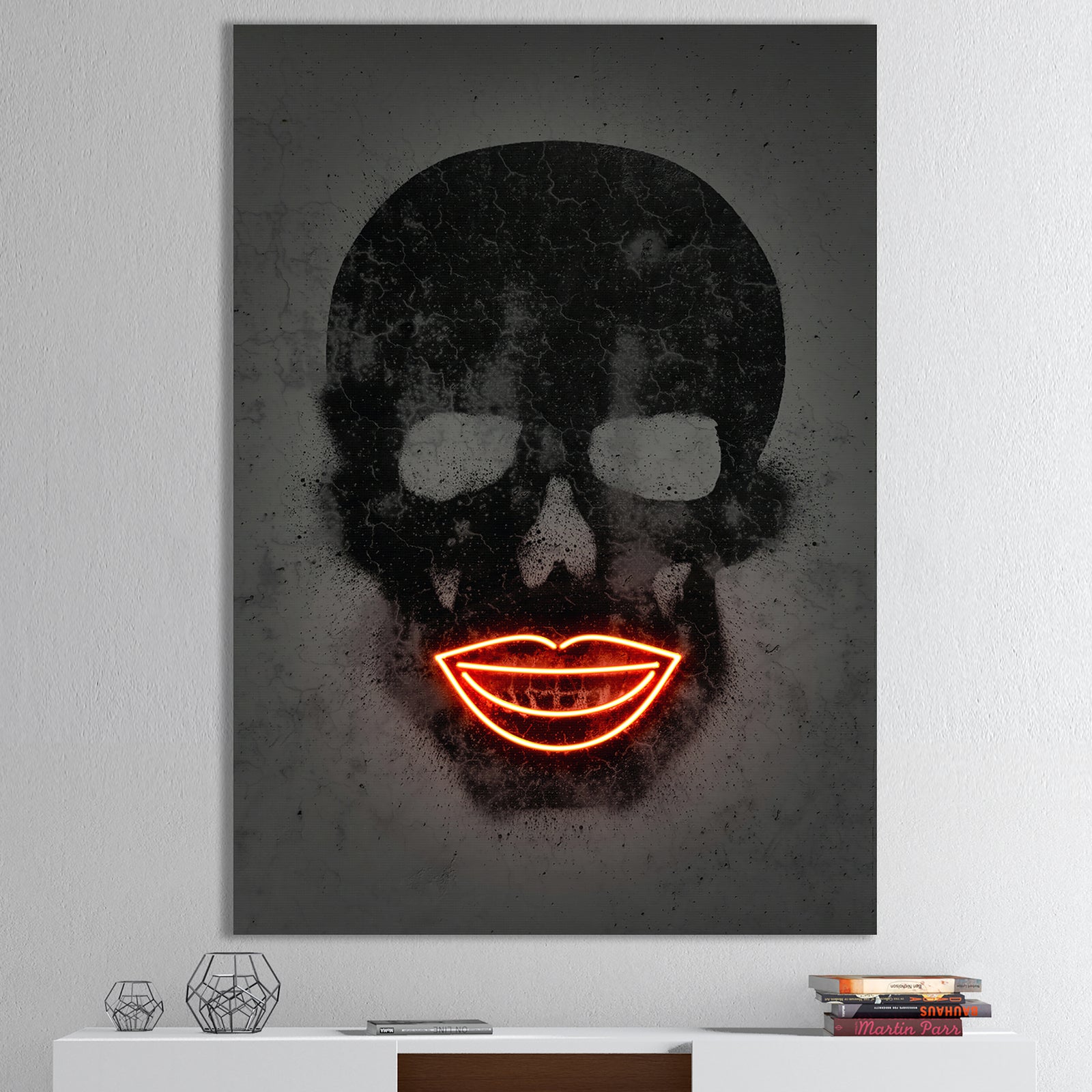 Smiling Red Lips Neon Skull - Modern & Contemporary Canvas Artwork