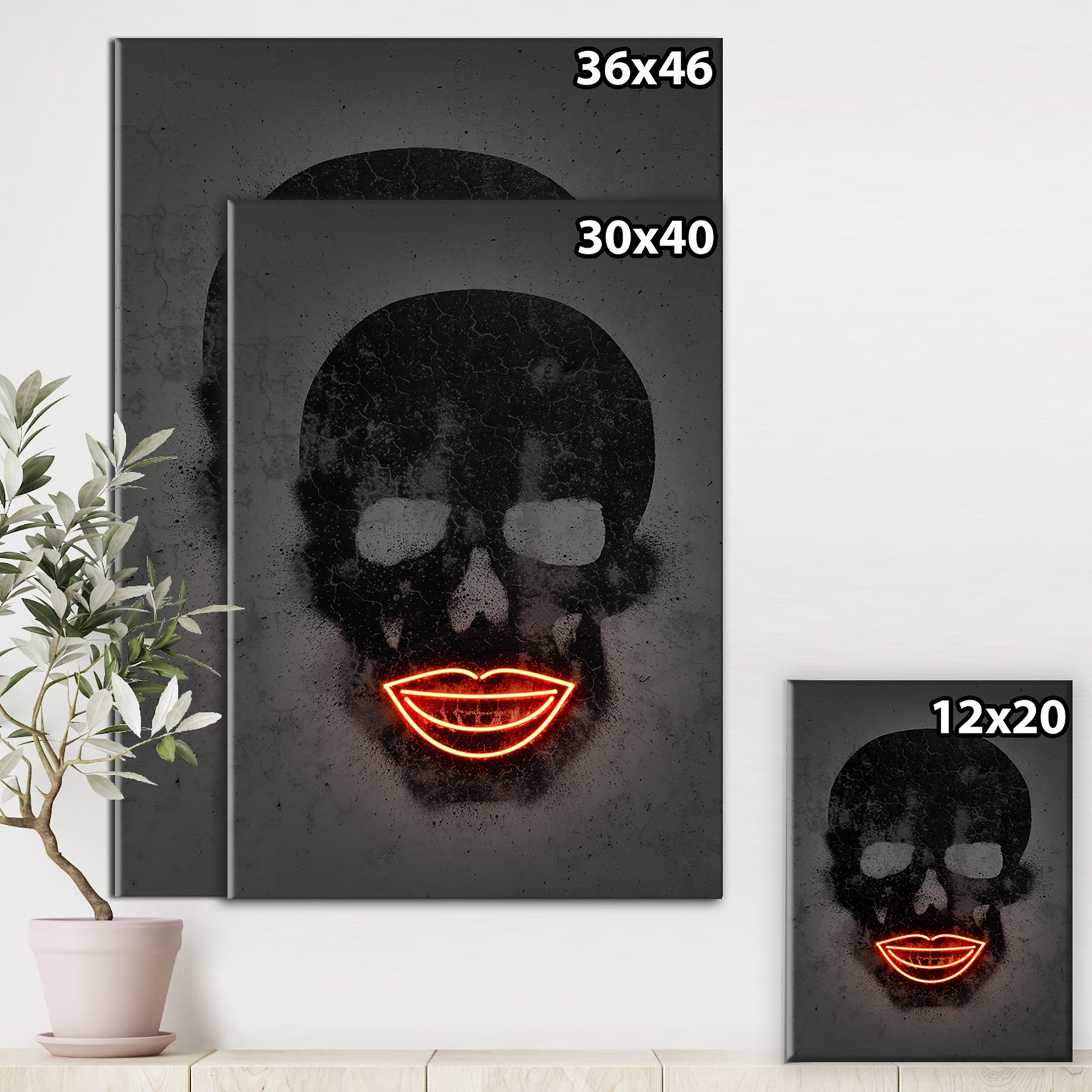 Smiling Red Lips Neon Skull - Modern & Contemporary Canvas Artwork