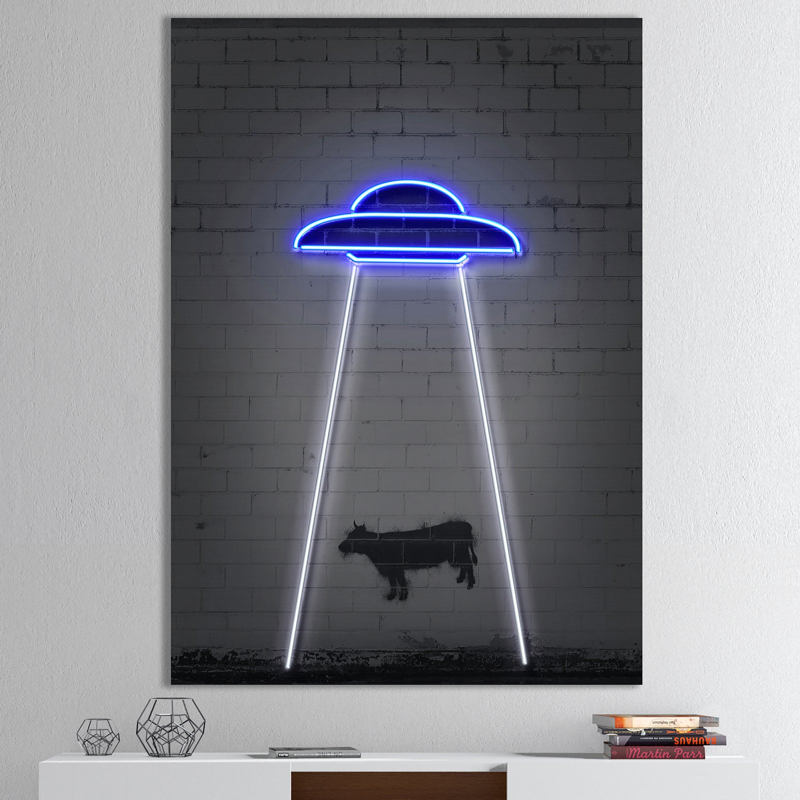Neon UFO Abducting Cow - Modern & Contemporary Canvas Art Print