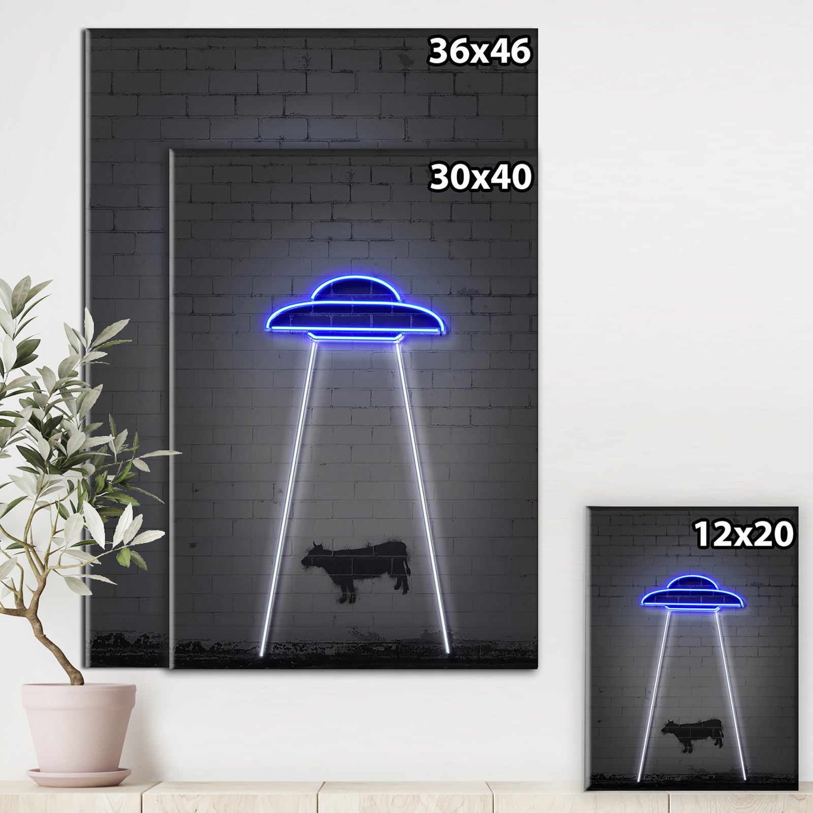 Neon UFO Abducting Cow - Modern & Contemporary Canvas Art Print