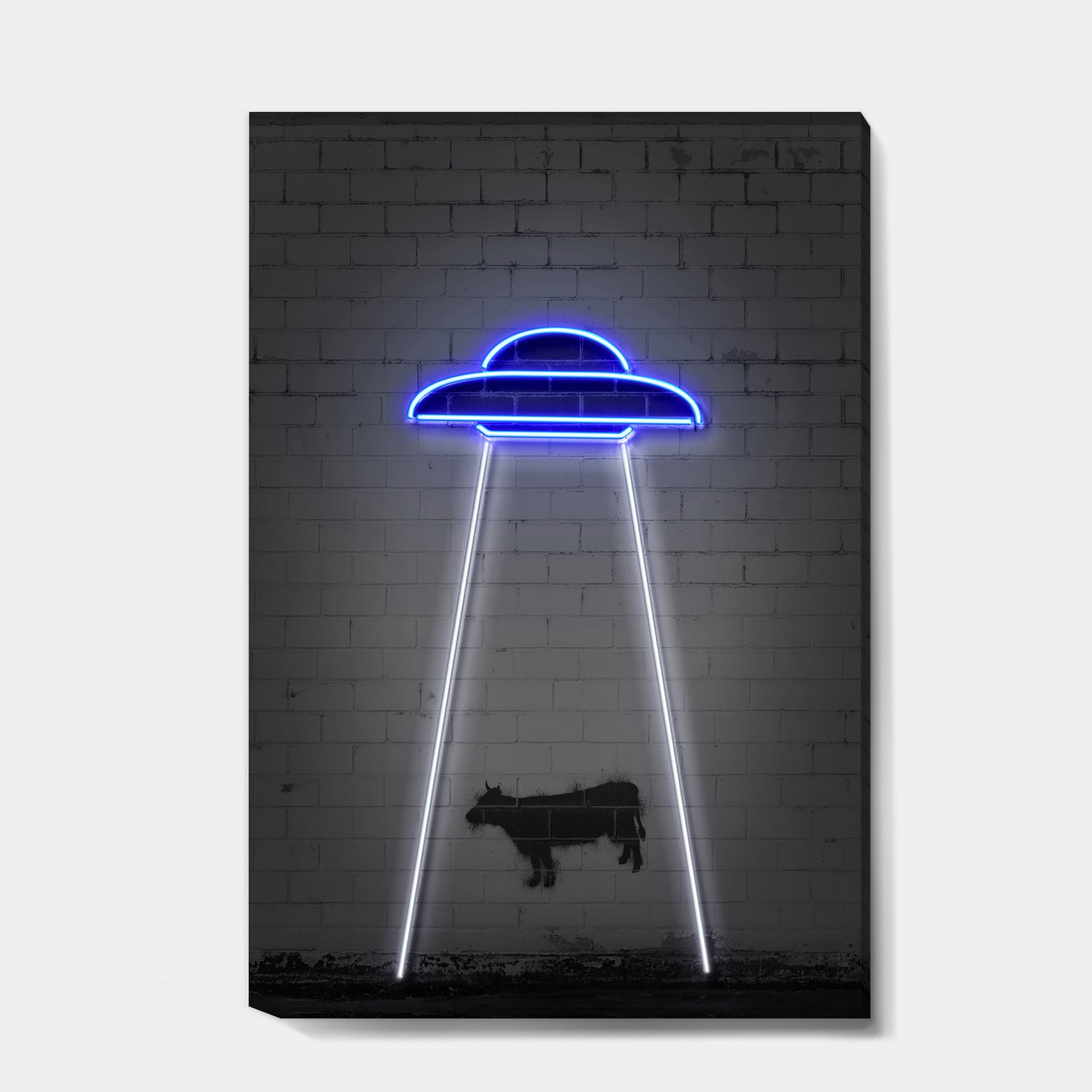 Neon UFO Abducting Cow - Modern & Contemporary Canvas Art Print