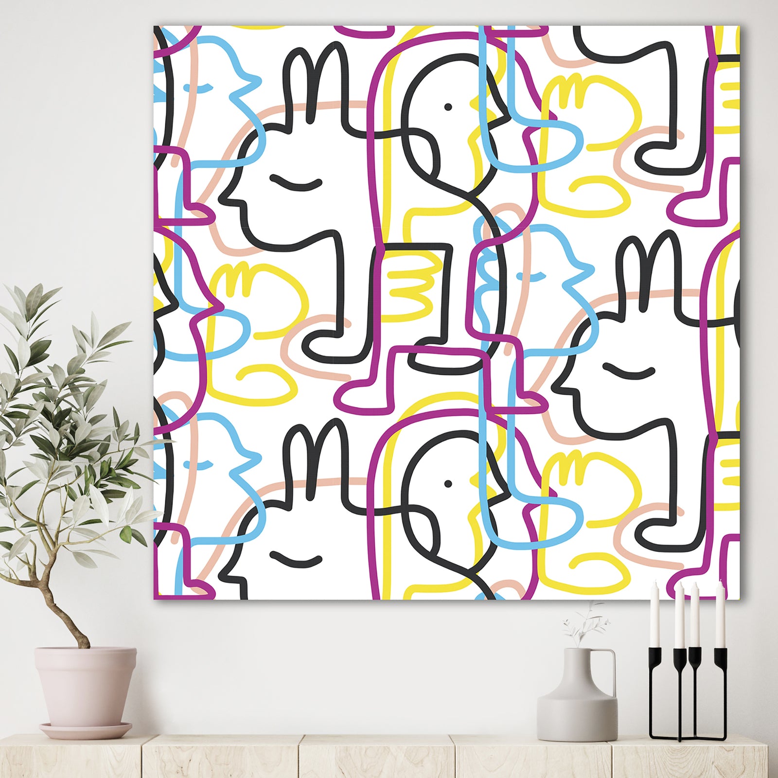 Down The Rabbit Hole Seamless Pattern - Mid-Century Modern Premium Canvas Wall Art