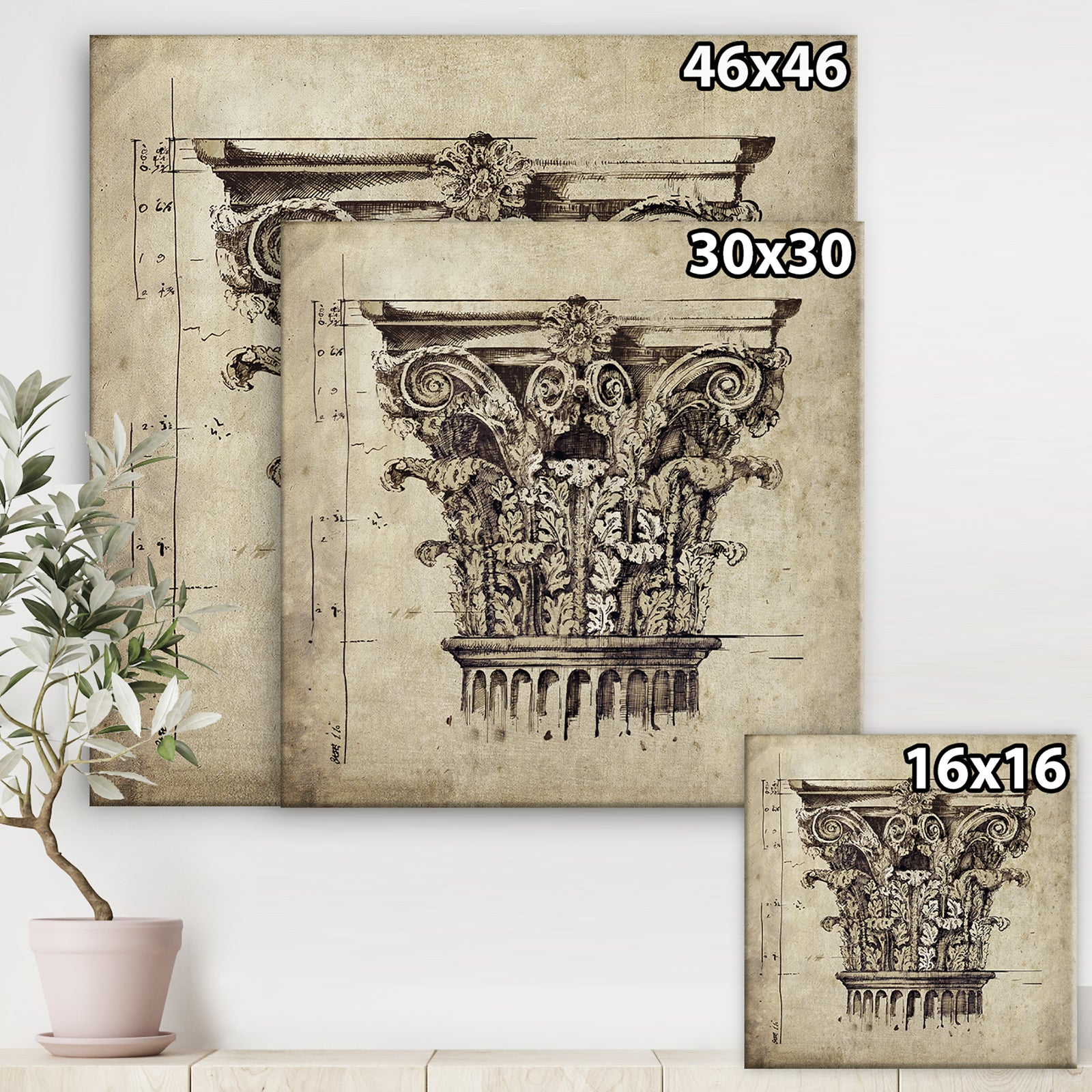 Antique Column Old Style Sketch II - Traditional Premium Canvas Wall Art