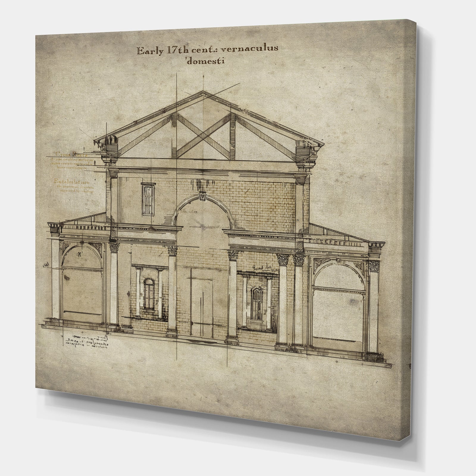 Antique Facade Old Style Architecture Sketch I - Traditional Canvas Wall Art