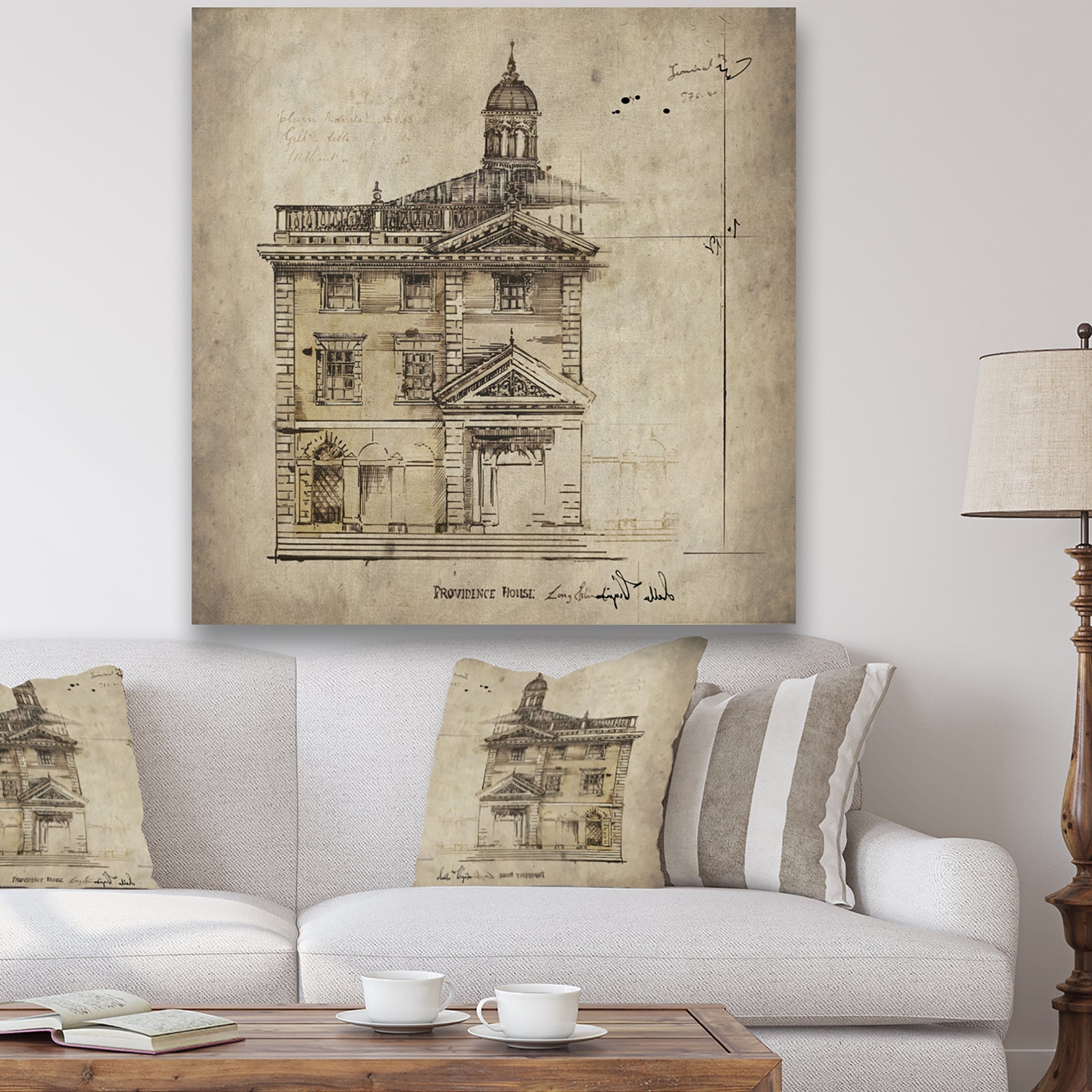 Antique Facade Old Style Architecture Sketch I - Traditional Canvas Art Print