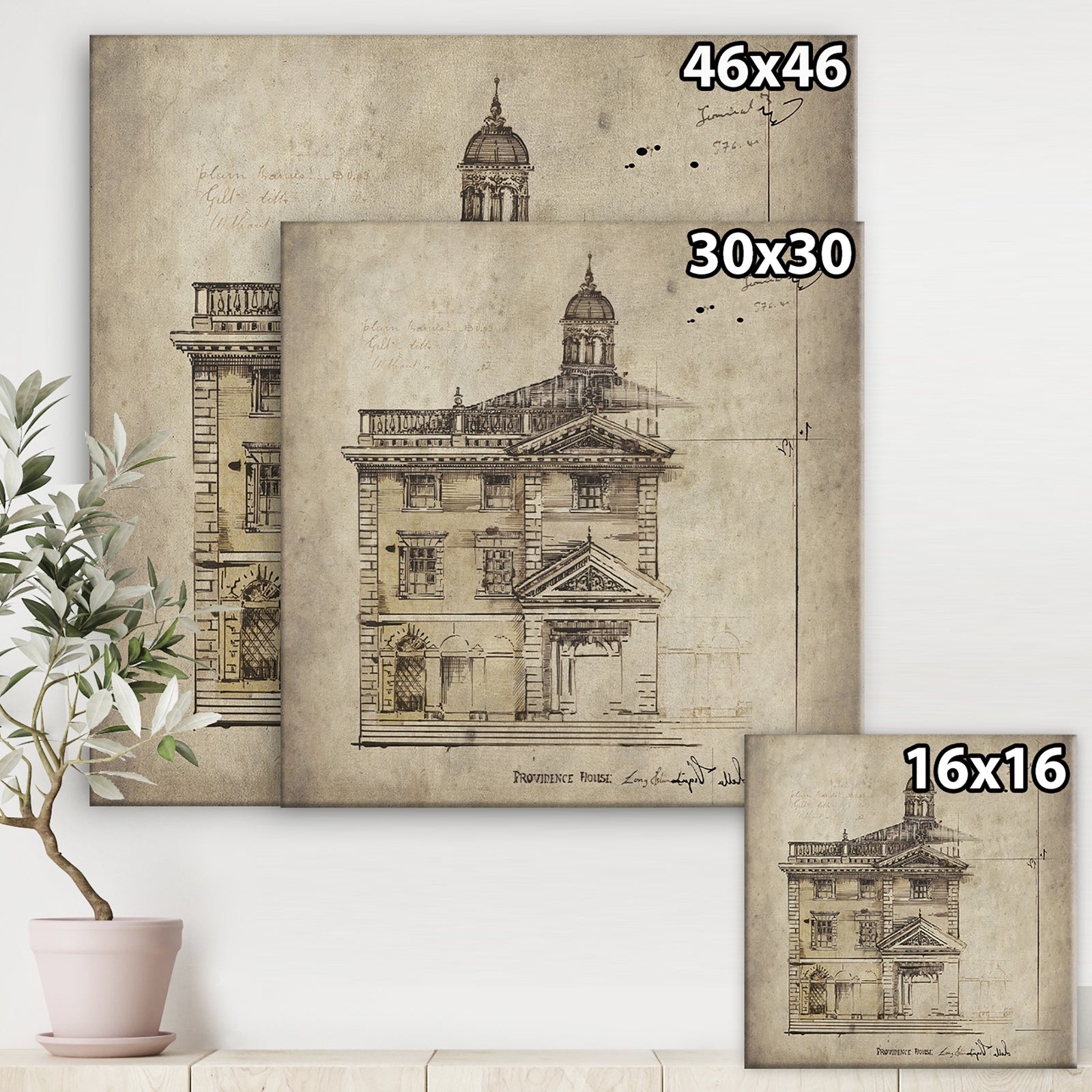 Antique Facade Old Style Architecture Sketch I - Traditional Canvas Art Print