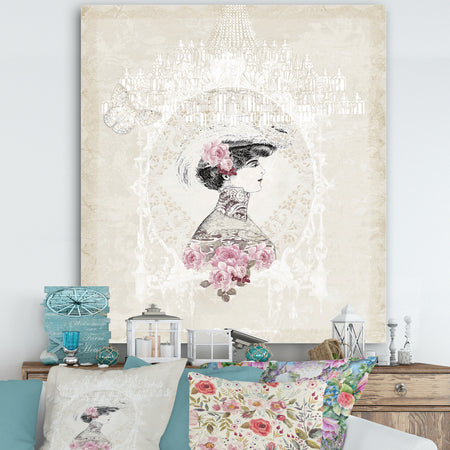 Woman on Pink Roses With White Chandelier - Cottage Premium Canvas Wall Art