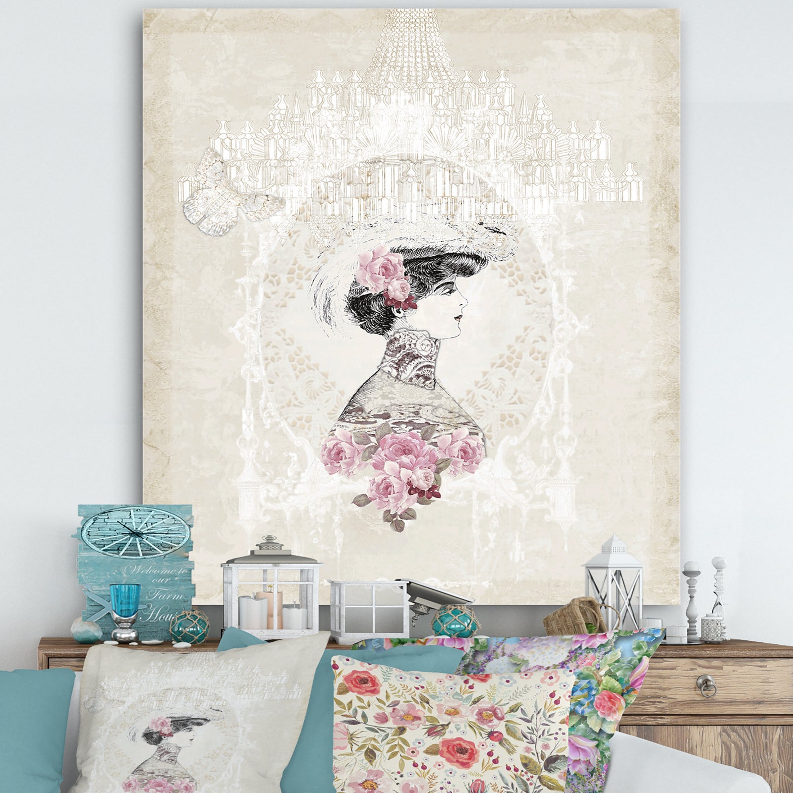 Woman on Pink Roses With White Chandelier - Cottage Premium Canvas Wall Art