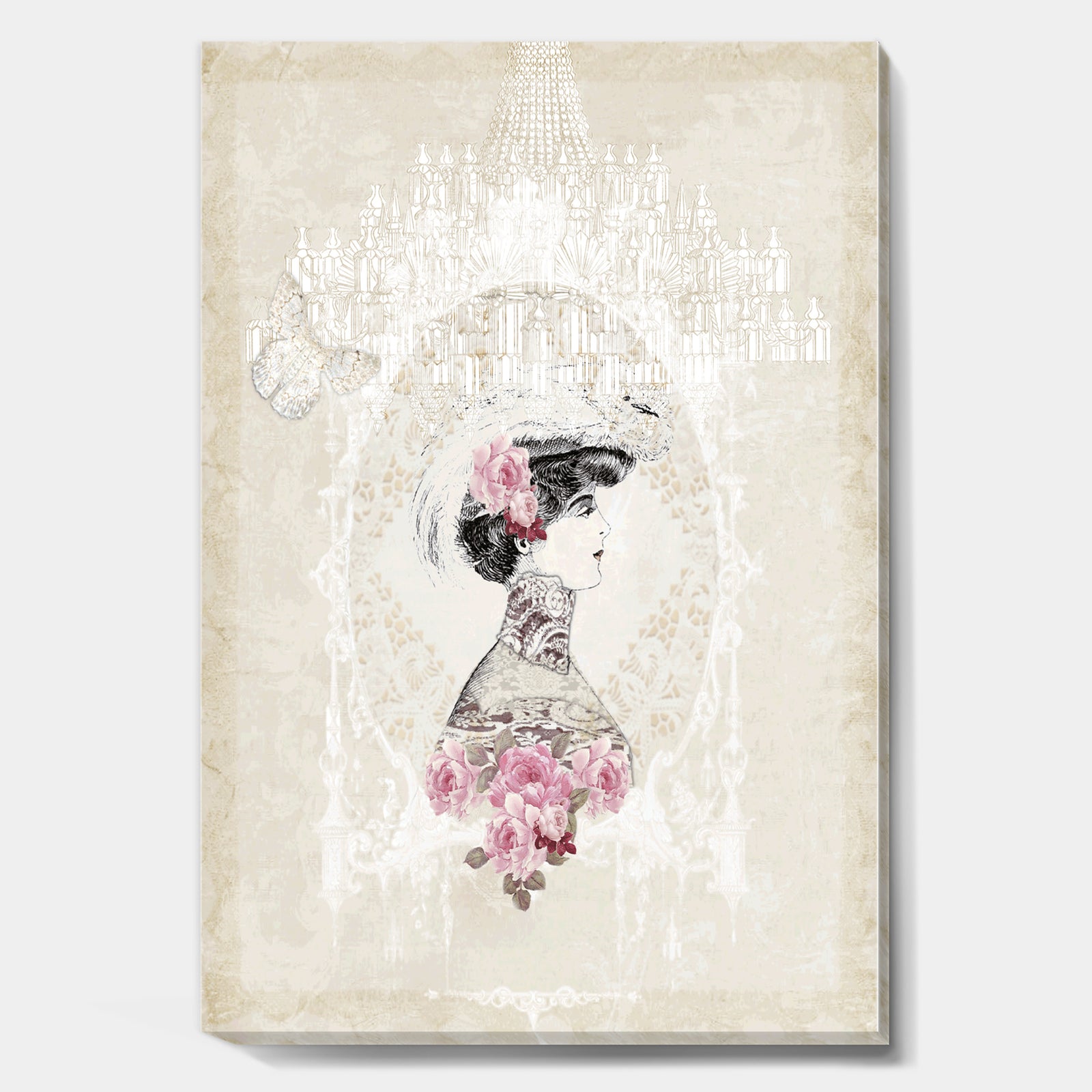 Woman on Pink Roses With White Chandelier - Cottage Premium Canvas Wall Art